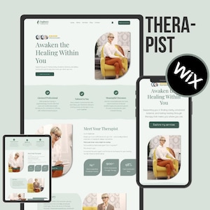 May include: A digital marketing image displaying a website design across a tablet, laptop, and smartphone. The website includes the text "Awaken the Healing Within You" and "Explore my services". A black and white Wix logo is also visible.