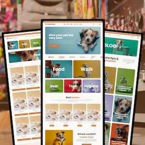 Könnte beinhalten: Ein digitaler Bildschirm mit der Benutzeroberfläche der E-Commerce-Website Paws & Harmony. Das Layout zeigt ein Heldenbanner mit einem Welpen, Navigationsmenüs und kategorisierte Bereiche für Tierfutter, Spaziergangzubehör, Spielzeug und Hygieneartikel.