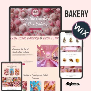 Puede incluir: Un diseño de sitio web para una panadería llamada Veronica's Sweets. El sitio web presenta un esquema de color rosa y blanco con imágenes de pasteles y postres. El texto en el sitio web dice "Savor the Excellence of Our Bakery" y "Best Pink Bakery & Best Pink".