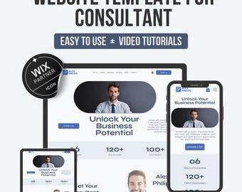 May include: A website template for consultants, featuring a desktop, tablet, and smartphone display. The design includes the text "Unlock Your Business Potential" and "Easy to Use + Video Tutorials." A Wix Partner icon is also visible.