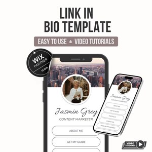 Può includere: Due smartphone mostrano un modello di marketing digitale. Il modello include il nome "Jasmin Grey, Content Marketer" e pulsanti di navigazione. L'immagine contiene il testo "LINK IN BIO TEMPLATE" e "EASY TO USE + VIDEO TUTORIALS."