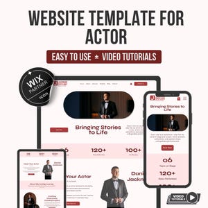 May include: A website template for actors, shown on a tablet and smartphone. The design has a clean layout with a professional look, showcasing a portfolio and contact details. The text includes "Easy to Use" and "Video Tutorials."