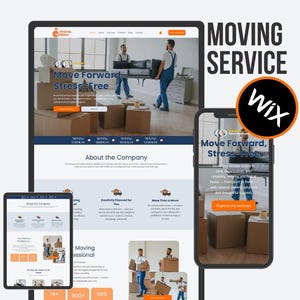 May include: A website design showcasing a moving service, displayed on a tablet, phone, and desktop. The website features images of movers, moving boxes, and the text "Move Forward, Stress-Free." A Wix logo is also present.