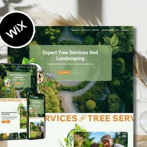 May include: Website mockup for a tree service and landscaping company. The website features a green and brown color scheme with images of trees and landscaping. The text on the website reads "Expert Tree Services And Landscaping".