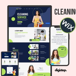 May include: A website for a cleaning service company. The website features a blue and green color scheme with images of cleaning staff. The website includes the text "Cleaning Service" and "A Story About Cleaning Service".