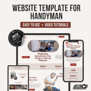 May include: Website template for handyman services, displayed on a tablet, laptop, and smartphone. The design features the text "Reliable Solutions for Every Home Repair" and "Easy to Use + Video Tutorials." A Wix Partner icon is also visible.