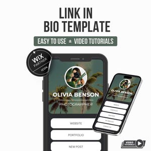 Può includere: Un mockup di smartphone mostra un "Link in Bio Template" con il testo "Facile da usare + Tutorial video". Il template presenta il profilo di un fotografo con opzioni per sito web, portfolio e contatti. È visibile anche un'icona Wix Partner.