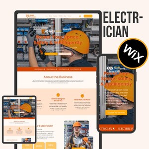 May include: A digital marketing image showcasing a website design for an electrician. The design features an orange and white color scheme with the text "Power Your Space, Safely & Intelligently." The image includes a tablet, phone, and computer screen.