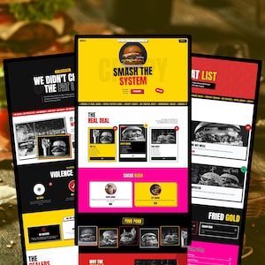 May include: A digital display of a restaurant website featuring a bright yellow header with the text SMASH THE SYSTEM, images of burgers, and sections labeled THE REAL DEAL, SUGAR RUSH, and FOOD PORN with black, white, and pink color accents.