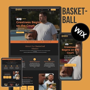 May include: A website design for a basketball training program, displayed on a desktop, tablet, and smartphone. The website features a man holding a basketball, with the text "Greatness Begins on the Court."