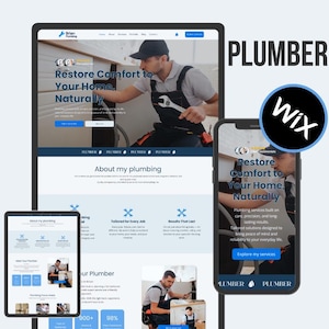 Op de afbeelding: Een digitale marketingafbeelding met het websiteontwerp van een loodgieter op meerdere apparaten: een tablet, een smartphone en een desktopcomputer. De website bevat de tekst "Restore Comfort to Your Home Naturally" en "Plumber". Het Wix-logo is ook zichtbaar.