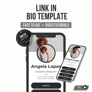 Può includere: Un modello di marketing digitale su schermo di smartphone, che mostra il profilo di un graphic designer. Il design include il testo "LINK IN BIO TEMPLATE" e "EASY TO USE + VIDEO TUTORIALS". È visibile anche un'icona Wix Partner.
