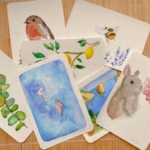 Hand painted watercolor card | Rabbit, fish, bee, lemon, bird, island | Greeting card | Easter | Gift card | Original | no pressure