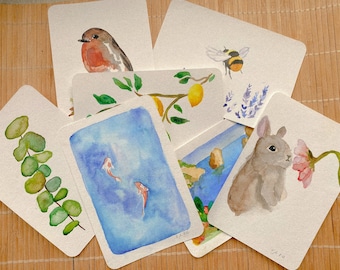 Carte aquarelle peinte à la main | lapin, poisson, abeille, citron, oiseau, île | Carte de voeux | Pâques | Carte cadeau | Original | pas de pression