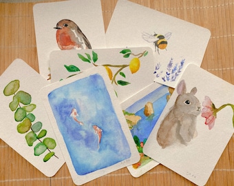 Hand painted watercolor card | Rabbit, fish, bee, lemon, bird, island | Greeting card | Easter | Gift card | Original | no pressure