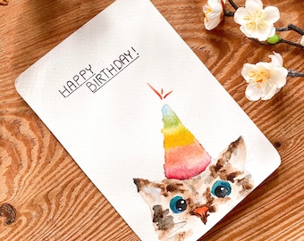 Hangemalte Geburtstagskarte Aquarell Katze | Happy Birthday Cat | Geburtstag | Wunschkarte | Grußkarte | Party | Einladungskarte