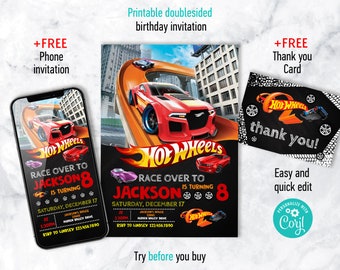 Invitación de cumpleaños imprimible, invitación caliente editable, descarga instantánea, invitación de cumpleaños de ruedas de niño, invitación de carreras, cumpleaños de autos