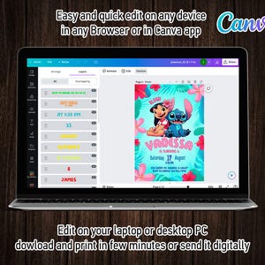Puede incluir: Una plantilla de invitaci&oacute;n digital para una fiesta de cumplea&ntilde;os con Stitch y Lilo de la pel&iacute;cula de Disney Lilo & Stitch. La plantilla es personalizable y se puede editar en Canva. El texto de la invitaci&oacute;n dice "&iexcl;Aloha! Vanessa cumple 6 a&ntilde;os. S&aacute;bado 17 de agosto."