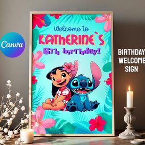 Stitch-verjaardagswelkomstbord, Luau Hawaii welkom in, afdrukbare lilo stitch-engelposter, bewerkbare sjabloon voor verjaardagsuitnodiging