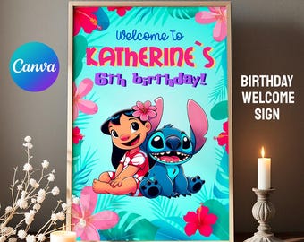 Stitch birthday welcome sign, Luau Hawaii welcome in, printable lilo stitch angel poster, editable birthday invite template