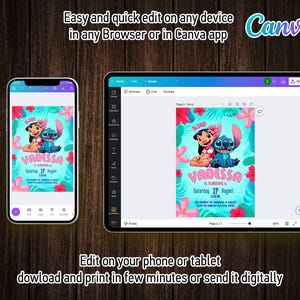 Puede incluir: Una invitaci&oacute;n digital para una fiesta de cumplea&ntilde;os con Stitch y un personaje femenino de la pel&iacute;cula de Disney Lilo & Stitch. La invitaci&oacute;n est&aacute; sobre un fondo azul con flores rosas y el texto "Aloha Vanessa cumple 6. S&aacute;bado 17 de agosto".