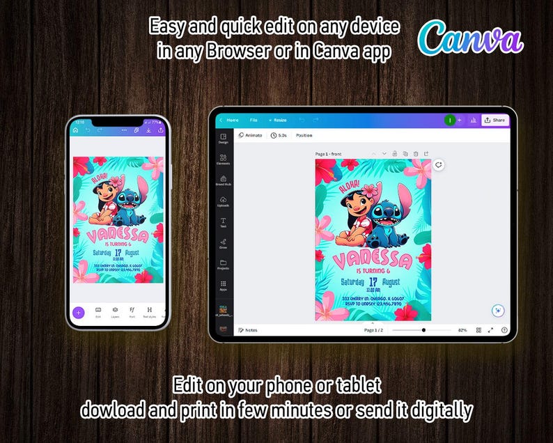 Puede incluir: Una invitaci&oacute;n digital para una fiesta de cumplea&ntilde;os con Stitch y un personaje femenino de la pel&iacute;cula de Disney Lilo & Stitch. La invitaci&oacute;n est&aacute; sobre un fondo azul con flores rosas y el texto "Aloha Vanessa cumple 6. S&aacute;bado 17 de agosto".