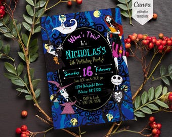 Invitación de cumpleaños de Jack Skellington para imprimir, plantilla de invitación para fiesta de Halloween, invitación editable de Pesadilla antes de Navidad