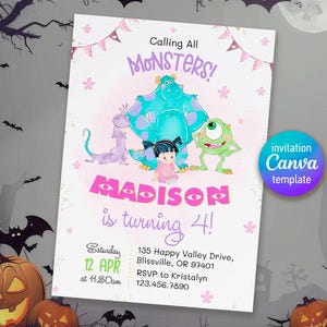 Monster birthday Invitation, printable Monsters University template, Editable monster inc evite halloween boo-day party, 1st Birthday Invite