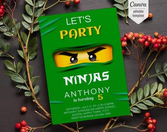 Puede incluir: Invitación de fiesta de cumpleaños verde y amarilla con una cara de ninja de dibujos animados. El texto dice "Let's Party Ninjas Anthony is turning 5".