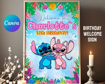 Lilo Stitch welcome sign template, printable birthday party Stitch Angel welcome in poster, boy birthday, Hawaii Luau b-day decoration