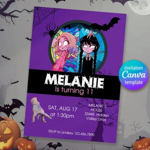 Printable Girl Birthday Invitation, wednesday birthday invite, editable invite, addams family birthday party, halloween scary, spooky witch