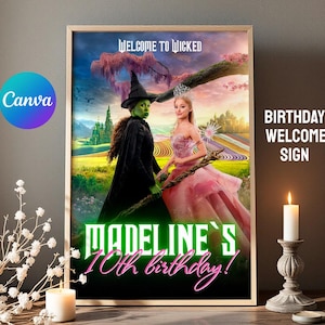 Placa de boas-vindas de aniversário malvada, Glinda e Elphaba são bem-vindas, pôster de bruxa para imprimir, modelo de convite de aniversário de bruxo editável