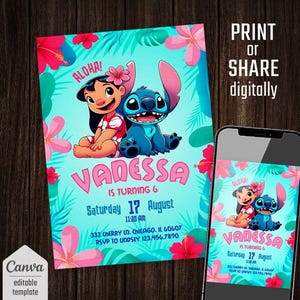 Puede incluir: Una invitaci&oacute;n de cumplea&ntilde;os azul y rosa con Stitch y Lilo de Lilo & Stitch de Disney. La invitaci&oacute;n dice "Aloha! Vanessa cumple 6 a&ntilde;os. S&aacute;bado 17 de agosto 11:30 AM. 333 Cherry Ln. Chicago, IL 60607. RSVP a Undsey 123.456.7890"