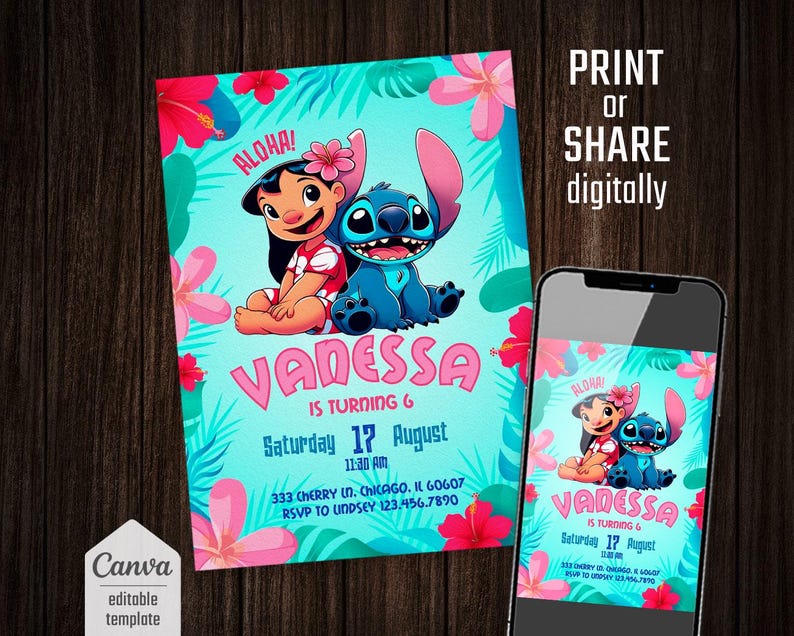 Puede incluir: Una invitaci&oacute;n de cumplea&ntilde;os azul y rosa con Stitch y Lilo de Lilo & Stitch de Disney. La invitaci&oacute;n dice "Aloha! Vanessa cumple 6 a&ntilde;os. S&aacute;bado 17 de agosto 11:30 AM. 333 Cherry Ln. Chicago, IL 60607. RSVP a Undsey 123.456.7890"