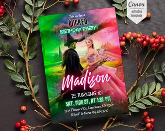 Wicked verjaardagsuitnodiging, bewerkbare sjabloon, Glinda & Elphaba, Wicked Movie Party Invite, afdrukbare uitnodiging, uitnodigingssjabloon