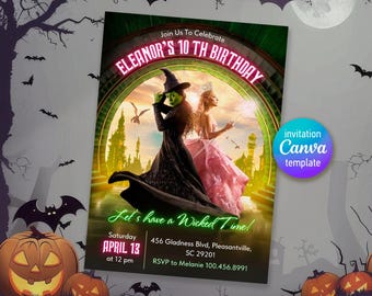 Invitación de cumpleaños de Wicked, plantilla editable, Glinda y Elphaba, invitación a fiesta de la película Wicked, invitación imprimible, plantilla de invitación