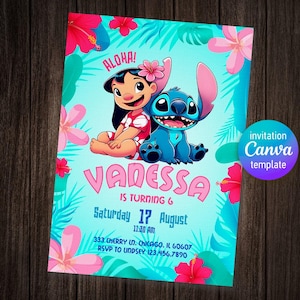 Puede incluir: Una invitaci&oacute;n de cumplea&ntilde;os azul y rosa con Stitch y Lilo de Lilo & Stitch de Disney. La invitaci&oacute;n dice "Aloha! Vanessa cumple 6 a&ntilde;os. S&aacute;bado 17 de agosto 11:30 AM. 333 Cherry Ln. Chicago, IL 60607. RSVP a Undsey 123.456.7890."
