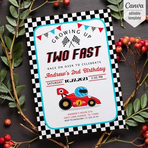 Afdrukbare twee snelle verjaardagsuitnodiging, aquarel raceauto verjaardag, twee snelle verjaardagsuitnodiging, retro raceauto uitnodigen, 2e jarige