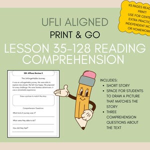 以下が含まれることがあります： 「UFLI Aligned Print & Go Lesson 35-128 Reading Comprehension」と題された、緑色の教育リソース。画像には、漫画の鉛筆、ワークシート、リソースに関するテキストが書かれた黄色のバナーが含まれています。