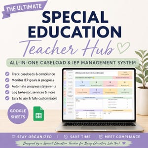 Puede incluir: Un panel digital para docentes de educación especial en la pantalla de una computadora portátil. La interfaz incluye secciones para casos, objetivos IEP y seguimiento de progreso. El texto incluye THE ULTIMATE SPECIAL EDUCATION Teacher Hub.