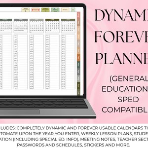 Puede incluir: Una pantalla de portátil muestra un planificador digital con calendarios y herramientas de organización. El texto "DYNAMIC FOREVER PLANNER" se muestra de forma destacada, con texto adicional que indica la compatibilidad con la educación general y especial. La imagen también incluye una lista de funciones.