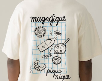 Handgezeichnetes Picknick T-Shirt | Kunst | Ästhetik | Rückendruck | einzigartige Grafik