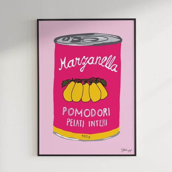 Marzanella Dosentomaten-Food lover Poster,Print Mit Essen, eklektische Deko, Küche Wandkunst, handgemalte Illustration, digitaler Download