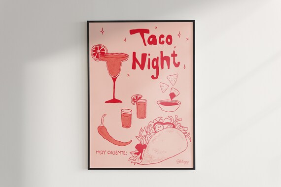 Taco Night-Moderner Stil, Poster Mit Essen, Retro Essen Poster, Küche Wandkunst, Küchendekor, Modernes Essen, Digitaldruck