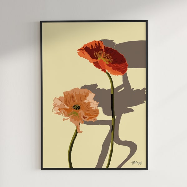 Poppy flower-Plant lover Poster,Print Mit Blume, Boho Wallart, Wohnzimmer Wandkunst, handgemalte Illustration, eclectic digital artwork