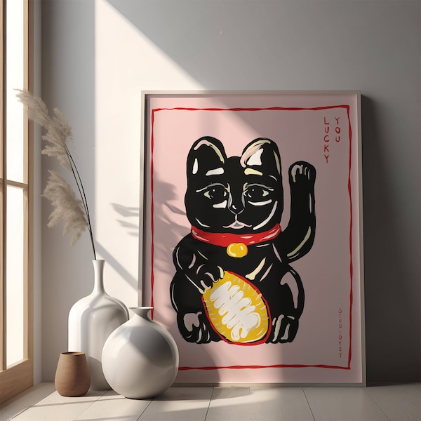 lucky cat art print-Trend Poster,Poster black cat,Japandi Style,Wohnzimmer Wandkunst,Winkekatze Illustration,digitaler Download