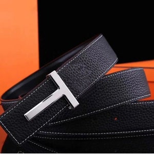 Ceinture pour homme en cuir véritable, Ceinture à boucle en T, Ceinture à boucle en T tendance, Ceinture décontractée pour homme Black & Silver