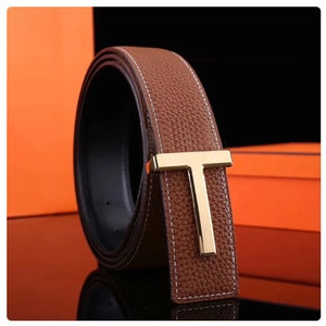 Ceinture pour homme en cuir véritable, Ceinture à boucle en T, Ceinture à boucle en T tendance, Ceinture décontractée pour homme Black & Gold