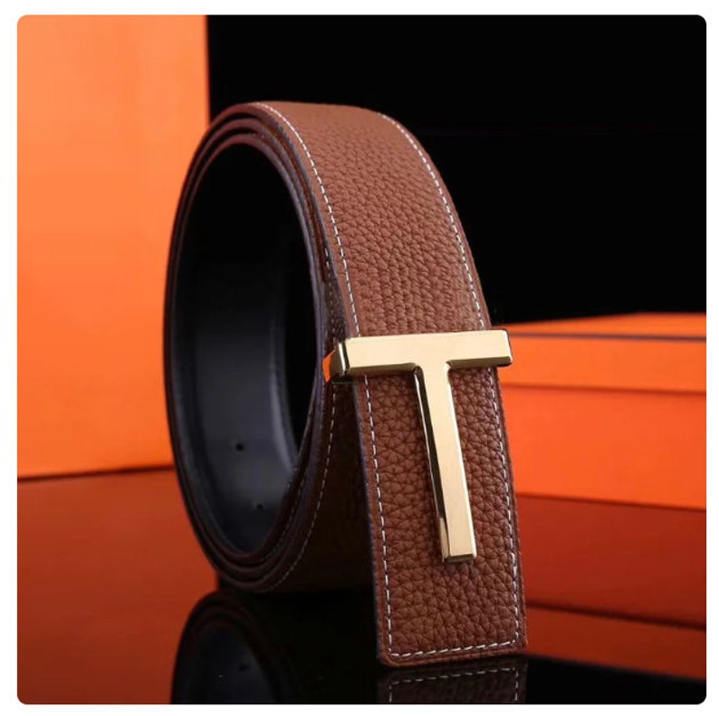 Real Leather Men's Belt, T buckle belt, Fashion T buckle belt, Casual men belt Black & Gold