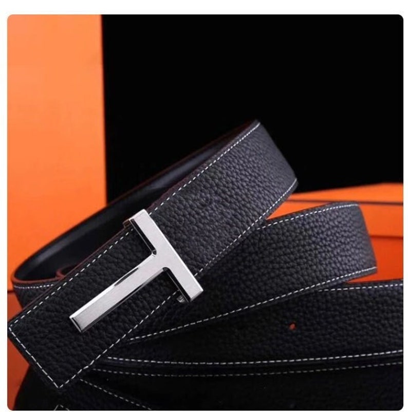 Real Leather Men's Belt, T buckle belt, Fashion T buckle belt, Casual men belt Black & Silver